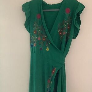 Green Floral Wrap Long  Dress